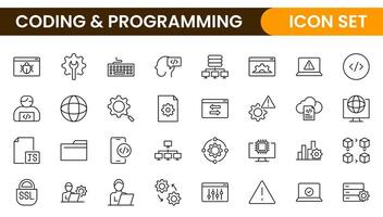 Programming coding set of web icons in line style. Software development icons for web and mobile app. Code, api, programmer, developer, information technology, coder and more. vector