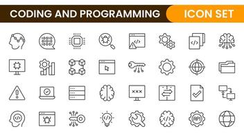 Programming coding set of web icons in line style. Software development icons for web and mobile app. Code, api, programmer, developer, information technology, coder and more. vector