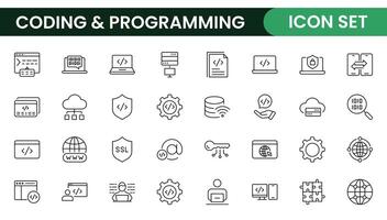 Programming coding set of web icons in line style. Software development icons for web and mobile app. Code, api, programmer, developer, information technology, coder and more. vector