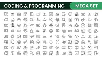 Programming coding set of web icons in line style. Software development icons for web and mobile app. Code, api, programmer, developer, information technology, coder and more. vector