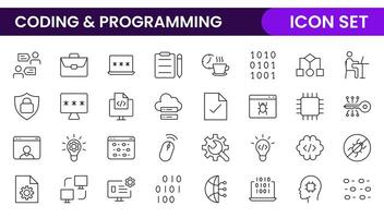 Programming coding set of web icons in line style. Software development icons for web and mobile app. Code, api, programmer, developer, information technology, coder and more. vector