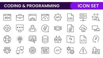 Programming coding set of web icons in line style. Software development icons for web and mobile app. Code, api, programmer, developer, information technology, coder and more. vector