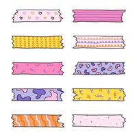 Colorful doodle set of washi tape stripes with squiggle, geometry, abstract, cute pattern. Adhesive tape with ornament. Trendy decorative scotch tape with ragged edges for scrapbook, planner, design vector