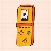 Groovy doodle retro game console from 90s and 00s. Retro tetris, electronic toy as badge of Y2k. Nostalgia for vintage and 1990s aesthetic, vibes. Hand drawn isolated old game device with outline. vector
