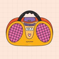 Cute cartoon retro radio with outline from 90s and 00s. Colorful old CD player, radio, audio player for music as badge of 1990s. Nostalgia for vintage and Y2k aesthetic, vibes. Hand drawn clipart. vector