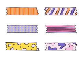 Colorful doodle set of washi tape stripes with squiggle, geometry, abstract, cute pattern. Adhesive tape with ornament. Trendy decorative scotch tape with ragged edges for scrapbook, planner, design vector