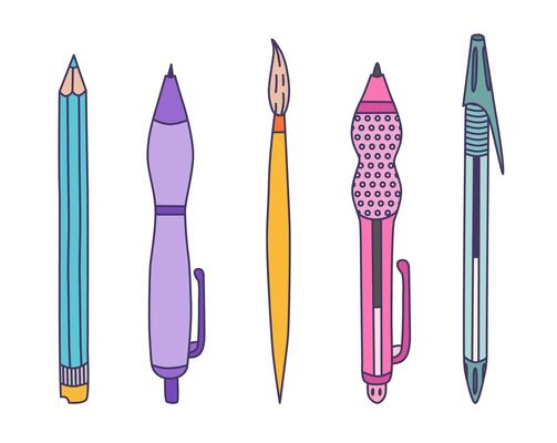 Cute colourful doodle set of back to school stationery with hand drawn outline. Collection of pencil, pen with cap, mechanical, brush. School supply and stationary for study, work, write, draw