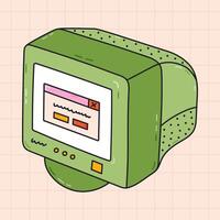Cute funky retro computer with CRT monitor from 90s and 00s. Colorful outline old PC machine as badge of 1990s. Nostalgia for vintage and Y2k aesthetic, vibes. Hand drawn clipart isolated on white. vector