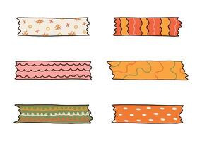Colorful doodle set of washi tape stripes with squiggle, geometry, abstract, cute pattern. Adhesive tape with ornament. Trendy decorative scotch tape with ragged edges for scrapbook, planner, design vector