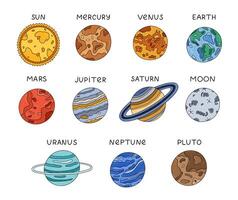 Cute set with childish planets, stars and satellite of Solar System in sequence. Hand drawn doodles with astronomy celestial bodies for kids infographic, universe placard. Sun, Moon, Earth, etc. vector