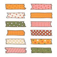 Colorful doodle set of washi tape stripes with squiggle, geometry, abstract, cute pattern. Adhesive tape with ornament. Trendy decorative scotch tape with ragged edges for scrapbook, planner, design vector