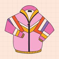 Cute groovy retro jacket with zipper from 80s and 90s with outline. Nostalgia for vintage and Y2k aesthetic, fashion. Hand drawn colorful doodle of sport jacket as badge of 1990s isolated on white. vector