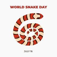 Simple cute banner for World Snake Day at 16th of July with cartoon rolled elapidae snake, typography. Holiday template for website, poster, background to raise awareness about importance of snakes. vector