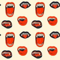 Seamless pattern with Vampire mouth with braces and fangs closed and open female red lips with long, pointed canine teeth vector