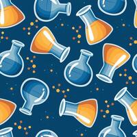 Bright and colorful seamless background with a pattern of beakers and test tubes. vector