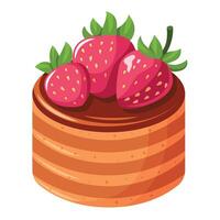A strawberry cake with three strawberries on top. The cake is brown and has a striped pattern. The strawberries are red and have green leaves vector