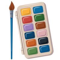 A set of watercolor paints and a brush are displayed on a white background. The colors of the paints are vibrant and the brush is blue. Concept of creativity and artistic expression vector