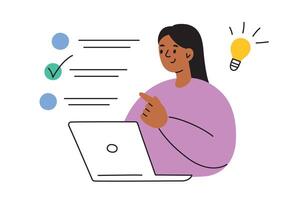 illustration of a girl student taking a test on a laptop. Flat cartoon style. Online education and study, back to school. Digital exam setting in a school or university. Remote learning vector