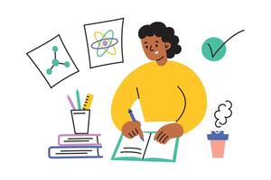 illustration of a student doing homework, writing in a notebook at a desk, solving problems, with books and stationery nearby. Flat cartoon style, ideal for educational themes, school and study vector