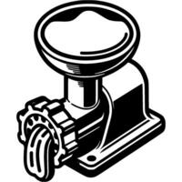 Meat grinder grinds meat into mince in monochrome. Grinding meat for semi finished products. Simple minimalistic in black ink drawing on white background vector