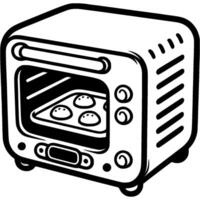 Closed oven with biscuit baskets on a tray in monochrome. Simple minimalistic in black ink drawing on white background vector