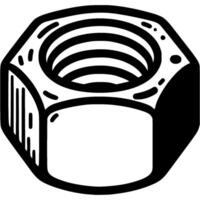 Nut tighten detail in monochrome. Threaded screw tool. Simple minimalistic in black ink drawing on white background vector