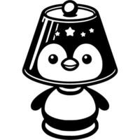 Child bedside night lamp with lampshade in shape of penguin head in monochrome. Simple minimalistic in black ink drawing on white background vector