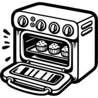Open oven with prepared biscuit baskets on a tray in monochrome. Simple minimalistic in black ink drawing on white background vector