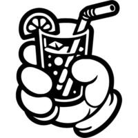Hand of visitor to establishment holds glass of citrus cocktail in monochrome. Simple minimalistic in black ink drawing on white background vector