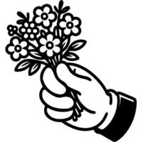 Hand of lover gives bouquet of wild flowers in monochrome. Simple minimalistic in black ink drawing on white background vector