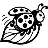 Spotted ladybug takes off from tree leaf in monochrome. Simple minimalistic in black ink drawing on white background vector