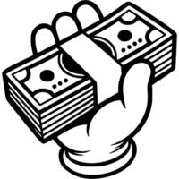Bank borrower hand repays debt to bank in monochrome. Simple minimalistic in black ink drawing on white background vector
