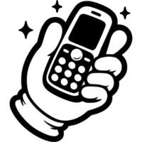 Hand of call center employee holds push button mobile phone to call subscriber in monochrome. Simple minimalistic in black ink drawing on white background vector
