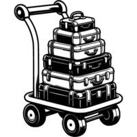Stack of travel suitcases on hotel trolley in monochrome. Simple minimalistic in black ink drawing on white background vector