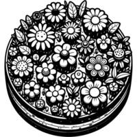 Blooming summer flower bed top view in monochrome. Decorative and landscape design. Simple minimalistic in black ink drawing on white background vector