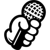 Correspondent hand holding microphone during an interview in monochrome. Simple minimalistic in black ink drawing on white background vector