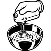 Chef hand holds mixer beats cream in deep bowl in monochrome. Simple minimalistic in black ink drawing on white background vector