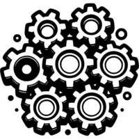 Gears connected into single mechanism in monochrome. Combining several elements of single device. Simple minimalistic in black ink drawing on white background vector