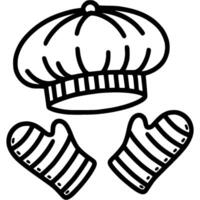 Kitchen chef hat and thermal gloves doodle icon. Simple minimalistic symbol in black on white background vector