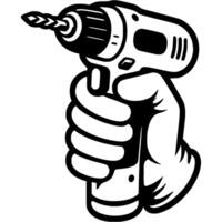 Builder hand holding cordless drill in monochrome. Simple minimalistic in black ink drawing on white background vector