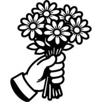 Hand of lover gives bouquet of daisies in monochrome. Simple minimalistic in black ink drawing on white background vector