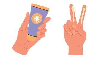 Illustration of instructions on how to apply sunscreen on the face. Hand with SPF cream on two fingers in a flat style. vector