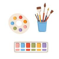 Painting tools. Watercolor palette, brushes, paints, palette. illustration vector