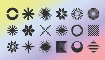 Geometric modern brutalist shapes with mesh gradient background. Abstract icons or symbols in y2k aesthetic. Modern minimalist elements swiss style, abstract bold primitive design. illustration vector
