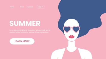 Design template for web page with long-haired girl wearing heart shaped sunglasses on pink background vector