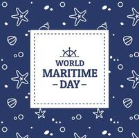 World Maritime Day card or banner design template with ship rudder symbol and text. Blue background with seashells and starfish pattern vector