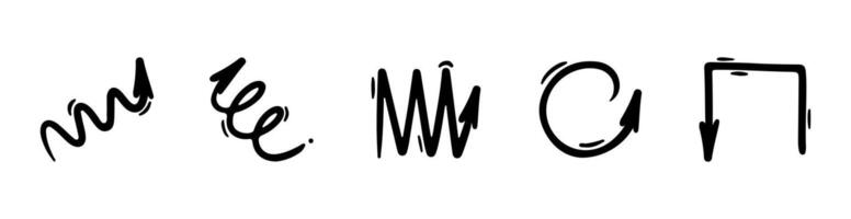 Hand drawn line arrows set. curvy and wavy arrows isolated on white background. vector
