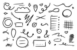Hand drawn underlines, speech bubbles, arrows, strokes, hearts, spiral. Sketch emphasis by pen, pencil or marker design elements set. vector