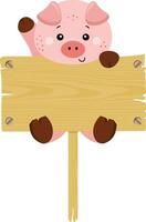 Cute pig hanging on an empty wooden board vector