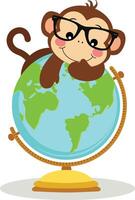 Cute monkey on the world globe vector
